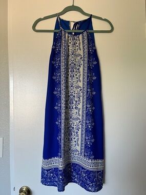 Halter Midi Dress in Royal Blue and White